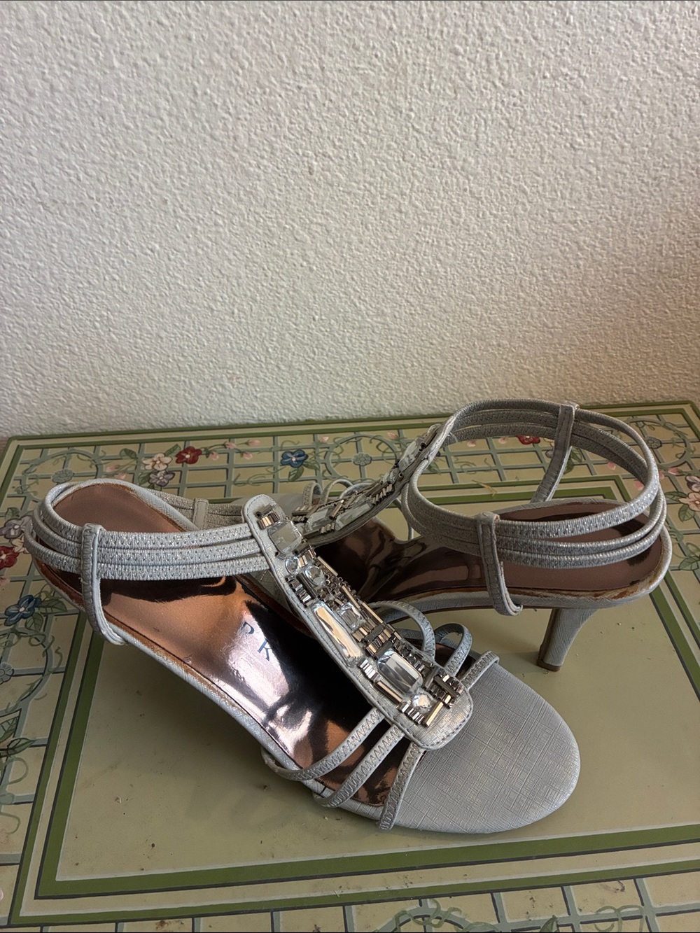 New York Transit Silver Gray Jeweled Strappy Heels